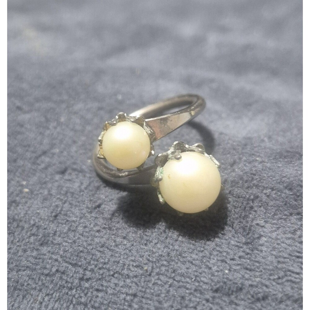 Vtg Signed LISNER 2 Pearl Bypass Ring Silver Tone Crown Prong Statement Sz 7